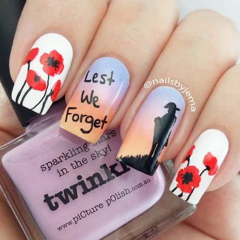 My Anzac day nails (a throwback mani) for Remembrance Sunday. I have recreated another poppy mani for Rememberance Day tomorrow but thought I'd post these up today as a late Rememberance Sunday post. For the veterans who gave their life and, for some their sanity, so we can live as free as we do today. Their sacrifices will never be forgotten. Remembrance Nails, Stamped Nails, Dot Nails, Patriotic Nails, Funky Nail Art, November Nails, Awesome Nails, Nail Polish Art, Seasonal Nails