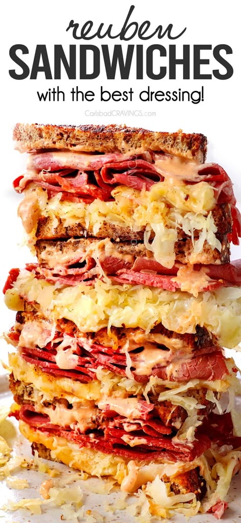 Reuben Sandwich with the BEST DRESSING! Russian Dressing Recipe Reuben Sandwich, Ruben Sandwich Recipe, Reuben Sauce Recipe, Carlsbad Cravings Recipes, Ruben Sandwich, Rachel Sandwich, Reuben Recipe, Reuben Sandwich Recipe, Reuben Sandwich Classic