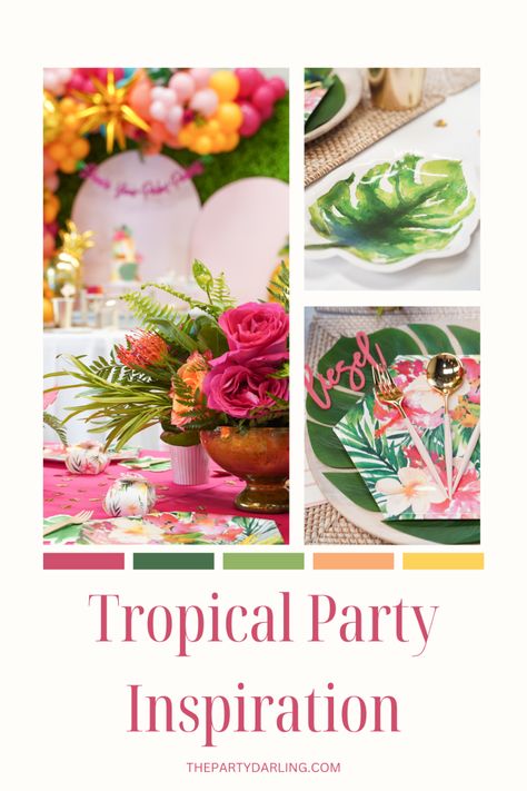 Bring the tropics to your party! 🌴 A tropical 🌺 party is a perfect summer party idea for adults and families. 🍹 With summer in full swing, we're feeling the heat 🥵 and itching to travel to a tropical 🏝️ destination. But no matter the temperature or location, turning your home or event space into a tropical oasis (even if you're landlocked) is the ultimate dream. 🍍 Baby Shower Lunch, Tropical Pool Party, Palm Royale, Bon Voyage Party, Tropical Theme Party, Leaf Confetti, Carnival Ideas, Cookies Theme, Tropical Pool