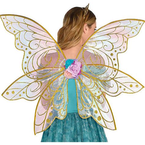 Costume Wings - Angel Wings, Fairy Wings & Butterfly Wings | Party City Gold Fairy Wings, Rave Core, Mythical Fairy, Fairy Rave, Fairy Wings Costume, Mystical Fairy, Iridescent Fabric, Butterfly Costume, Elf Ears