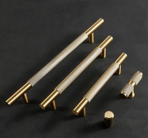 Modern Knurling Handlesknurled T Bar Solid Brass | Etsy Gold Drawer Pulls, Brass Cabinet Pulls, Drawer Pulls And Knobs, Brass Cabinet Knob, Kitchen Pulls, Brass Drawer Pulls, Wardrobe Handles, Brass Kitchen, Cupboard Handles