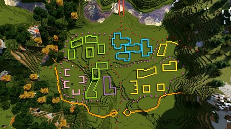 Minecraft Crowded Village, Minecraft Village Blueprints Layout, Minecraft Fantasy Town Layout, Minecraft Custom Village Layout, Minecraft Custom Village Ideas, Minecraft Layout Town, Village Layout Minecraft, Minecraft Fantasy Village Ideas, Minecraft Water Village