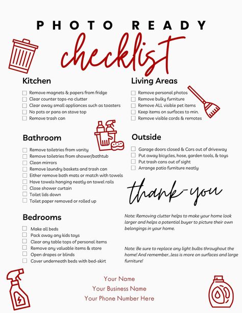 Want to make a great first impression on real estate sellers?  Then check out our step-by-step guide to getting your property ready for its close-up with my photography checklist. It is also fully customizable through Canva to add your name, phone, and business information. You can send this to your client via email, or print it to put into your listing packet.  You can add your own items to the list and change colors through Canva.com with a paid  Canva Pro subscription. In order to make changes to the checklist you must have the paid version of canva.com subscription. **PRINTED PRODUCTS WILL NOT BE SENT - THIS IS A DIGITAL DOWNLOAD** **HOW TO PURCHASE** ‣ Add the template to your cart and complete your purchase. ‣ After completing the purchase, you will receive a downloadable PDF with th Real Estate Client Information Sheet, Pre Listing Checklist, Home Seller Tips Real Estate, Real Estate Checklist Free Printable, Real Estate Follow Up Ideas, Getting House Ready To Sell Checklist, Real Estate Photography Checklist, Real Estate Transaction Checklist, Selling Home Checklist