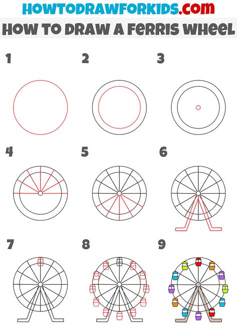 how to draw a ferris wheel step by step How To Draw Ferris Wheel, Simple Ferris Wheel Drawing, Gaint Wheel Drawing, Faris Wheel Drawing, Ferris Wheel Bulletin Board, Ferris Wheel Drawing Easy, Carnival Drawing Easy, Ferris Wheel Clipart, Fair Drawings Easy