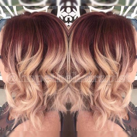 Vanity hair salon in Alton Mo. Red violet shadow root! Maroon Roots Blonde Hair, Burgundy Shadow Root, Red Shadow Root Blonde Balayage, Blonde With Red Roots, Red To Blonde Ombre Hair Balayage, Red Root Melt, Red Roots Blonde Hair Balayage, Red Shadow Root Blonde, Shadow Root Red