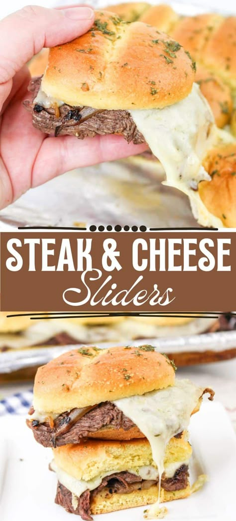 Steak and Cheese Sliders Steak Appetizer Recipes, Cheese Steak Appetizers, Game Day Meals Dinners, Steak Sliders Recipes, Steak And Cheese Sliders, Football Food Ideas Dinners, Steak And Cheese Sandwiches, Cheese Steak Sliders, Steak Appetizers