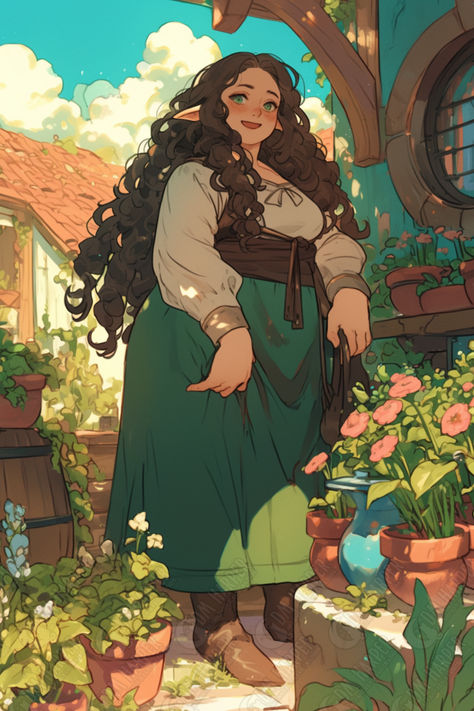 Taela Summerhawk, Halfling Apothecary & Herbalist. Mother of Four (Storm King's Thunder) Apothecary Character Design, Dnd Herbalist, Herbalist Character Design, Female Herbalist, Halfling Paladin, Halfling Female, Herbalist Aesthetic, Renfest Costume, Dnd Halfling