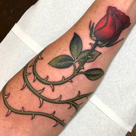 Rose and thorns tattoo Rose With Thorns Tattoo, Rose Thorn Tattoo, Rose With Thorns, Thorns Tattoo, Plant Tattoos, Thorn Tattoo, Remembrance Tattoos, Tattoo Forearm, About Rose