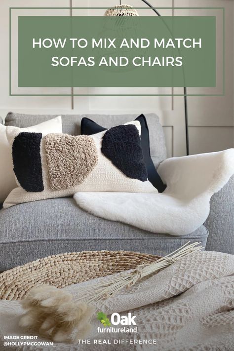 Having matching sofas and chairs isn’t the only way to create seamless harmony in your living room. Add texture, depth, and style to your home by mixing and matching furniture. From fabric textures to patterns and colours, we've compiled the best ways to mix and match in your living room. Read on for more. #LivingRoom #LivingRoomDecor #LivingRoomIdeas #LivingRoomInspiration #SofasIdeasLivingRoom #SofaDesignLivingRoom #ChairUpholstery #MixAndMatchSofasLivingRoom Mix And Match Sofas Living Room, Mix And Match Sofas, Oak Furniture Land, Oak Furnitureland, Living Room Sofa Design, Matching Furniture, How To Mix, Fabric Textures, White Living Room