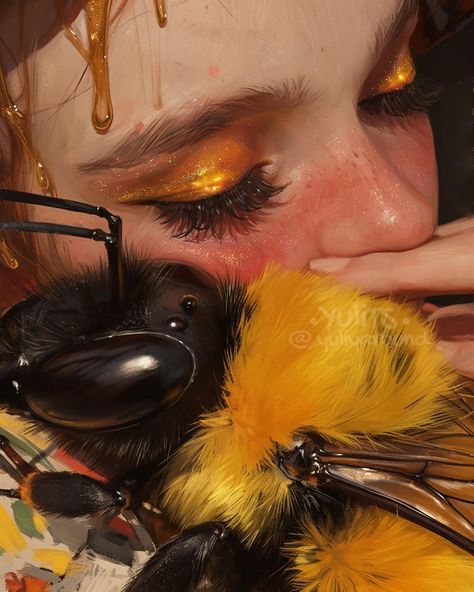 Bees Aesthetic Art, Bee Woman, Aesthetic Bee Painting, Bee Woman Art, Tutorial Sobre Arte Digital, Bee Artwork Illustrations, Queen Bees Art, Bee Painting, Realism Painting