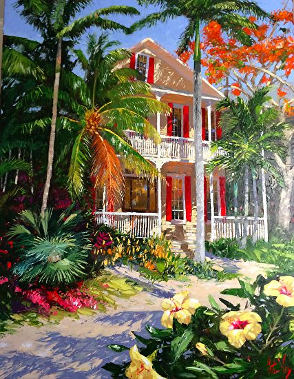 Peter Vey Paintings, Peter Vey, Caribbean Colors, Leoma Lovegrove, Kinkade Paintings, Red Shutters, Beach Art Painting, Tropical Painting, Canvas For Beginners