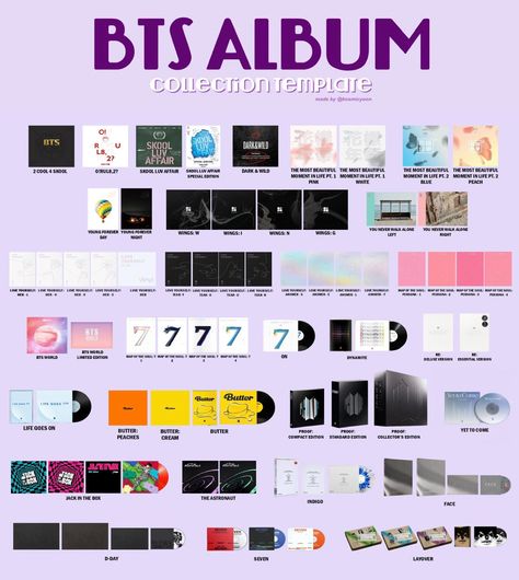 updated bts album template for anyone that wants it 🫶🏼 Bts Album Template, Bts Album List, Journey Albums, Love Yourself Album, Skool Luv Affair, Bts Photocard, Army Room Decor, Album Template, Album Collection