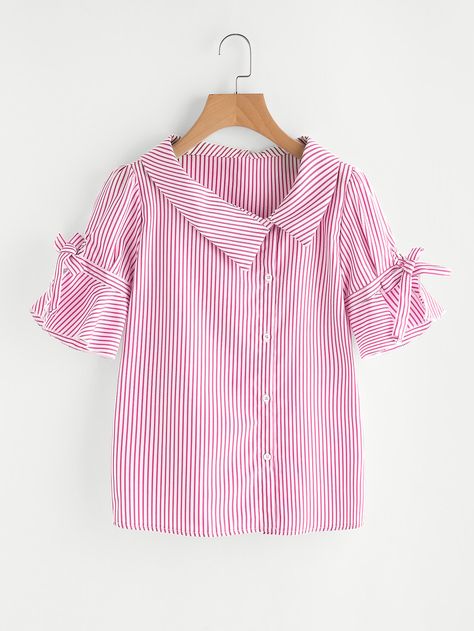 Tie Cuff Blouse, Cotton Tops Designs, Social Branding, Tech Business, Blue Striped Blouse, Corporate Dress, Fashion Tops Blouse, Sleeves Designs For Dresses, Marketing Branding