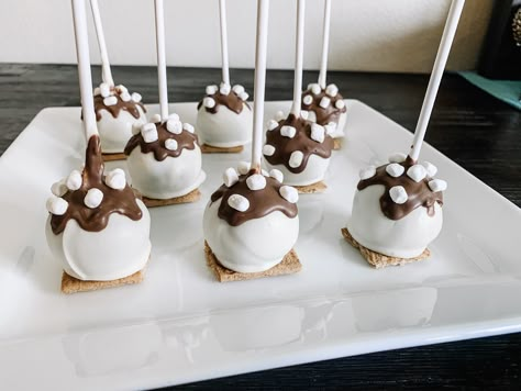 Cake Balls Designs, Different Cake Pop Ideas, Chocolate Cake Pop Design, Basic Cake Pops, Smores Cake Pops Recipe, Chocolate Chip Cake Pops, Smore Cake Pops, Chocolate Cake Pops Decorations, Upside Down Cake Pops