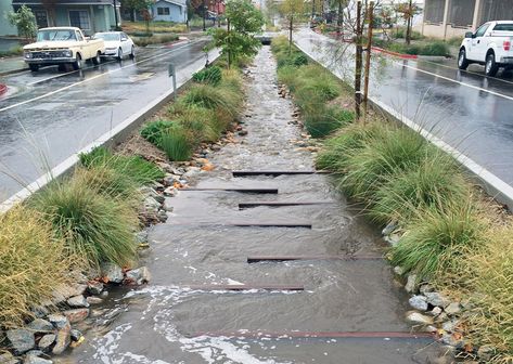 Design Perspectives: Battery Street group looks to other cities for ideas    This image from MIG/SVR Designs shows improvements to 21st Street in Paso Robles, California. Urban Landscape Design, Green Street, Dry Creek, Landscape Architecture Design, Green Architecture, Water Management, Rain Garden, Street Design, Water Design