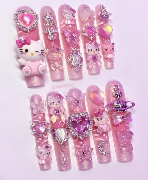 Glamgoth Nails, Pressons Nails, Unicorn Chrome, Square Nail Tips, Paznokcie Hello Kitty, Hello Kitty Nail, Kitty Nail, Junk Nails, Nail Decor