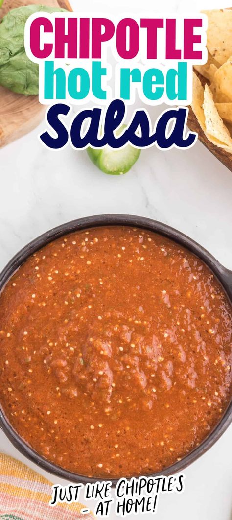 Chipotle Hot Salsa - Sweet CS Designs. Chipotle Copycat Salsa Recipes, Chipotle Copycat Salsa, Chipotle Salsa Copycat, Chipotle Hot Salsa Copycat, Chipotle Red Salsa Copycat, Copycat Chipotle Salsa, Chipotle Red Sauce, Sweet And Spicy Salsa Recipe, Chipotle Hot Sauce Recipe