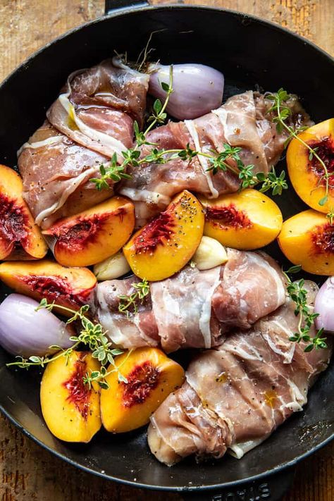 Fig Dinner Recipes, Peach Dinner Recipes, Balsamic Peach Chicken, Prosciutto Chicken, Balsamic Peach, Peach Pork Chops, Peach Chicken, Half Baked Harvest Recipes, One Skillet