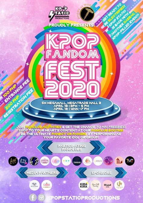 Kpop Static is back with another daebak event that will surely electrify you! Mark your calendars because KPOP FANDOM FEST 2020 is happening this coming April 18 (3PM-6PM) -19 (12NN-7PM) at Megamall, Megatrade Hall 3 in partnership with Official_Hobbiworx and in collaboration with 12 FANCLUBS!!! Fanboys and Fangirls of all ages can join the fanclub activities and showcase their talent in the various talent competitions! Booths with lots and lots of Kpop merch await for you to splurge on! Competition Design Poster, Kpop Event Poster Design, Kpop Event Poster, Competition Poster Design, Event Venue Design, Random Dance, Event Layout, Kpop Fandom, Kpop Random