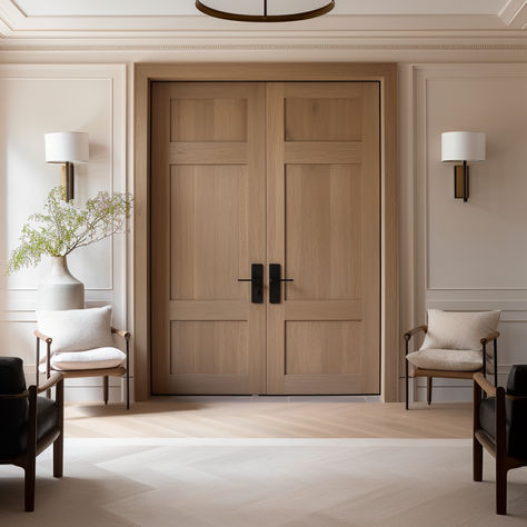 Our Michael Double Interior Door. Solid white oak. Built to order by our craftsmen. Fully customizable. White Oak Entry Doors, Modern Wood Baseboards, French Door Wood, Interior Door Trim Moldings, White Oak Doors With White Trim, 8 Foot Interior Doors, Mountain Modern Interior Doors, White Oak Barn Door, Indoor Doors Modern Wood