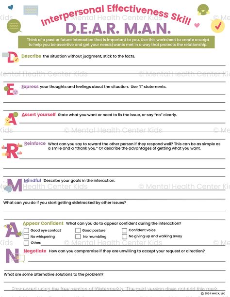 DEAR MAN in DBT refers to interpersonal effectiveness skills designed to help clients improve their communication and social skills. Dealing with interpersonal relationships can be challenging when you are also dealing with unstable emotions. Clients will learn how to navigate uncomfortable social situations effectively by addressing their needs and wants while keeping their relationships healthy. The DBT DEAR MAN Worksheet includes two worksheet activities that let clients reflect on a situation where interpersonal skills were needed. One of the sheets asks them to create a script to help them be assertive with their needs while trying to reach a goal in the interaction. Page two is a reflection sheet that allows for evaluation of the effectiveness of the DEAR MAN skill. Using these works Dear Man, Interpersonal Relationships Activities, Interpersonal Effectiveness Activities, Therapy Sheets, Self Reflection Activities, Parenting Skills Worksheets, Dbt Worksheet Activities, Interpersonal Skills Worksheet, Dbt Cheat Sheet