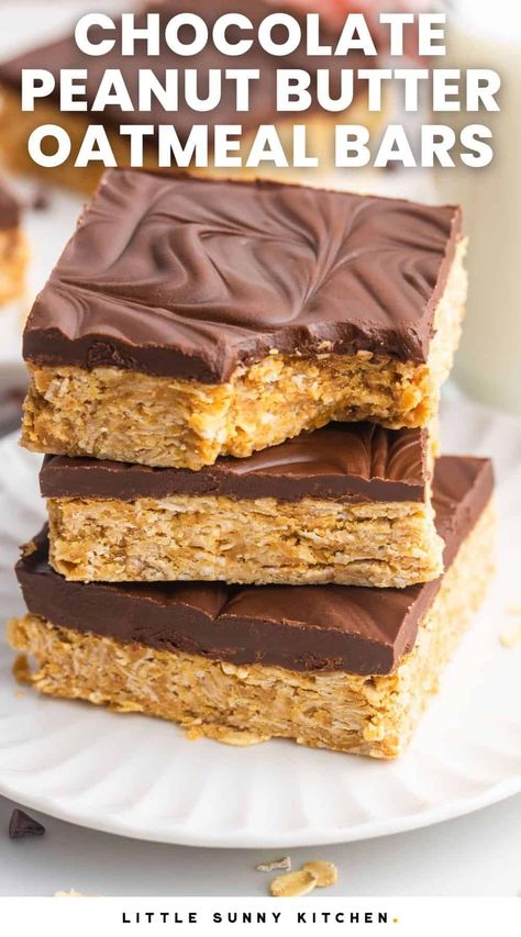 Chocolate Peanut Butter Oatmeal Bars, Chocolate Peanut Butter Oatmeal, Peanut Butter Oat Bars, Chocolate Oatmeal Bars, Peanut Butter Dessert Recipes, Little Sunny Kitchen, No Bake Oatmeal Bars, Peanut Butter Oatmeal Bars, Peanut Butter Bread