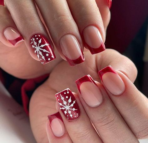 Christmas French Nail Designs, Red French Nails Christmas, Red French Tip With Snowflake, Square Xmas Nails, French Snowflake Nails, Red Nails With Snowflake, Red Snowflake Nails, Anniversary Nails, Nail Art Noel