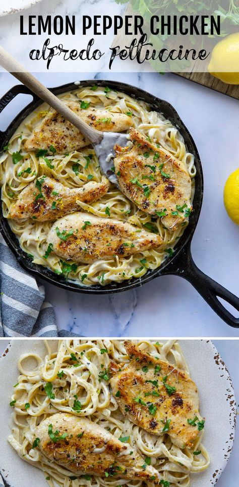 Recipes With Lemon Pepper Chicken, Lemon Pepper Chicken With Pasta, Lemon Alfredo Chicken, Lemon Pepper Chicken Meal Ideas, Chicken Lemon Pepper Recipes, Chicken Alfredo For 2, Summer Fettuccine Recipes, Lemon Pepper Chicken Alfredo Pasta, Honey Garlic Lemon Pepper Alfredo