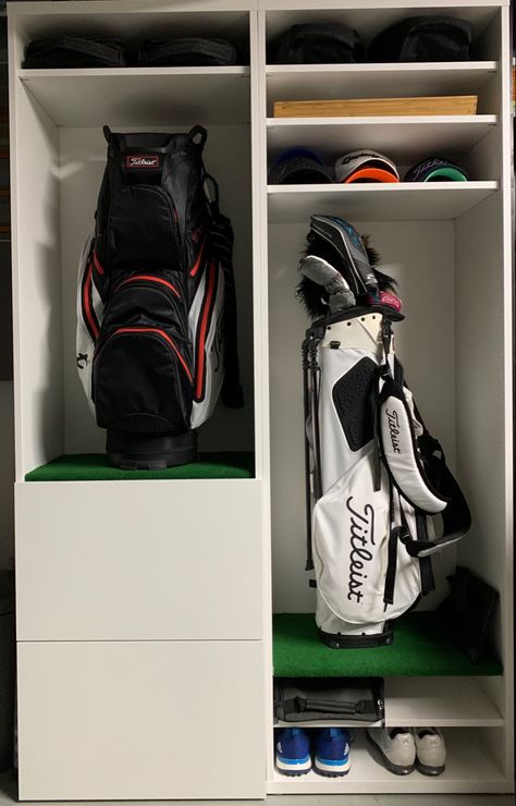 This is the golf locker I created using Ikea furniture. Golf Closet Organization, Golf Bag Storage Diy, Golf Storage Ideas, Golf Closet, Golf Diy Projects, Shoe Storage Room, Golf Organizer, Golf Club Storage, Golf Equipment Storage