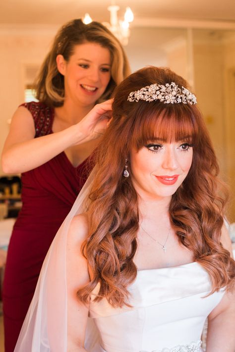 Fringe Bangs Red Hair Waves Curls Bride Tiara Long Style Rustic Autumn Halloween Wedding http://www.samrileyphotography.co.uk/ Bridesmaid Hairdo, Wedding Hair Bangs, Wedding Hairstyles And Makeup, Rustic Autumn, Wedding Hairstyles Bride, Fringe Bangs, Bride Tiara, Waves Curls, Peinados Fáciles Para Cabello Corto