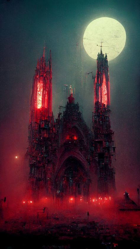 Beksinski, Cyberpunk, gothic cathedral, scarlet lights, scarlet moon, 8k, octane render, hyper detailed, night, red neon Gothic Cyberpunk, Red Neon, Octane Render, Gothic Cathedral, White Moon, Moon Night, Psych, Cologne Cathedral, Empire State Building