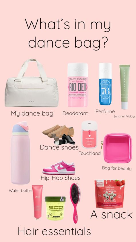 Dancerr What To Have In Your Dance Bag, What’s In My Bag Dance, Dance Essentials Bags, What To Bring To A Dance Competition, What To Put In Your Dance Bag, Competition Dance Bag Essentials, Dance Competition Essentials, Dance Bag Essentials List, Dance Necessities