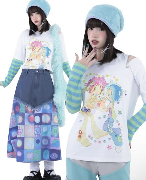 Japanese Colorful Fashion, Decora Fashion Outfits Rainbow, Vocaloid Inspired Outfits, Summercore Outfits, Juminocore Outfit, Colorful Y2k Outfits, Otaku Outfit, Japanese Idol Outfits, Harajuku Clothes