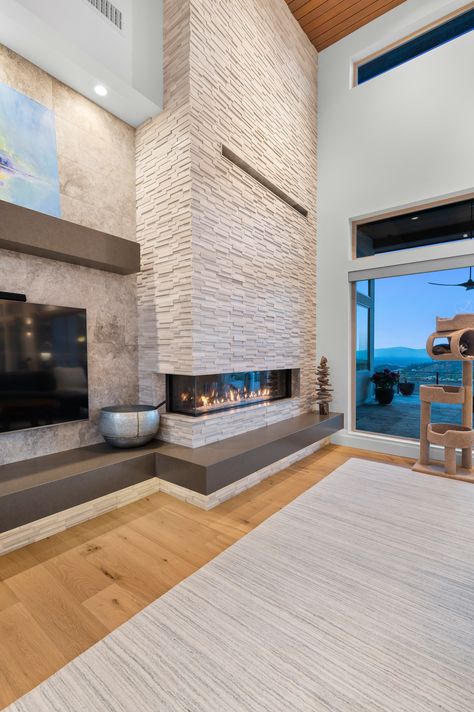 White Oak 3D stacked stone fireplace wall Quartz floating hearth & mantel Linear Fireplace With Hearth And Mantle, 3 Sided Linear Fireplace Ideas, 3d Fireplace Wall, Quartz Fireplace Wall, White Stacked Stone Fireplace, Modern Fireplace Tv Wall, Floating Hearth, Modern Fireplace Tv, Horizontal Fireplace