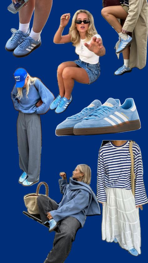 Blue Shoe Outfits, Light Blue Adidas Spezial Outfit, Light Blue Spezial Adidas Outfit, Adidas Spezial Light Blue Outfit, Blue Campus 00s Outfit, Light Blue Sneakers Outfit, Outfits With Blue Shoes, Blue Gazelle Adidas Outfit, Handball Spezial Outfit