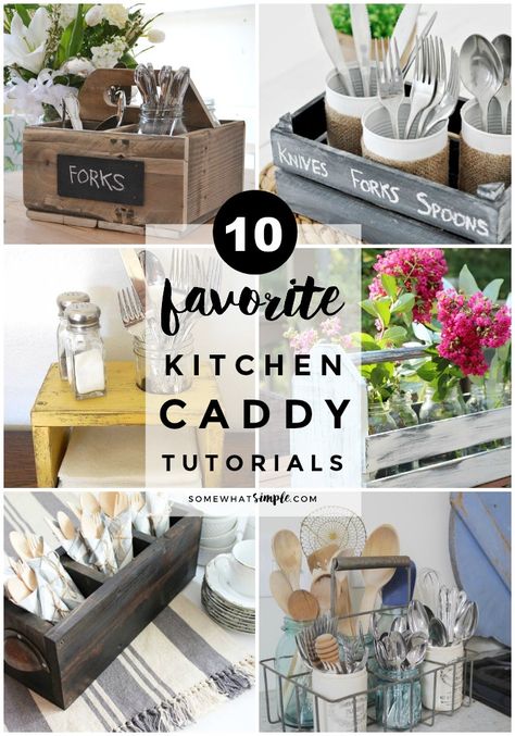 Kitchen Caddy Ideas, Diy Kitchen Utensils, Utensils Holder Diy, Diy Utensil Holder, Make Your Own Kitchen, Wood Utensil Holder, Caddy Diy, Table Caddy, Party Utensils