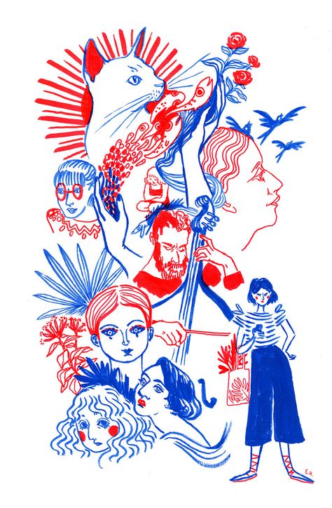 Red and blue illustrations by Eloïse Heinzer Blue Drawing Ideas, Risograph Illustration, Blue Drawings, Posca Art, Doodle Illustration, Fun Illustration, Red Art, Ink On Paper, Blue Art