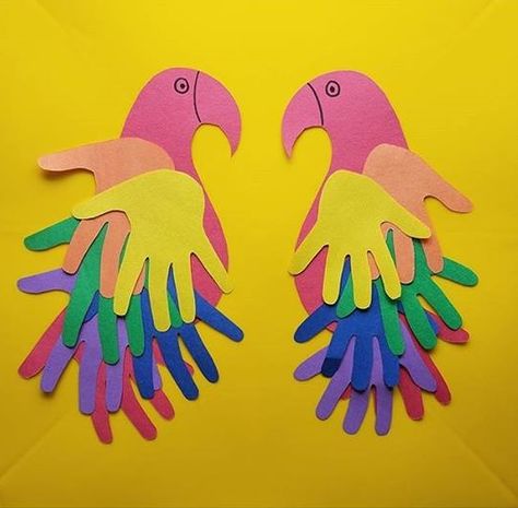 Handprint painting | Handprint art ideas for homeschool Bird Hand Print, Macaw Craft For Preschool, Peacock Handprint Craft, Handprint Parrot, Parrot Art And Craft Preschool, Parrot Handprint Bird Craft, Handprint Art Ideas, Gymnastics Camp, Hand Art Projects