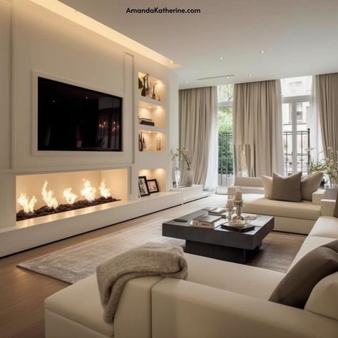 31 Stunning Fireplace Wall Ideas with a TV for your Living Room - Amanda Katherine Tv Mounted, تصميم داخلي فاخر, Living Room Decor Fireplace, Living Room Design Inspiration, Dream House Rooms, Home Design Living Room, Ideas Living Room, Fireplace Wall, Dream House Interior