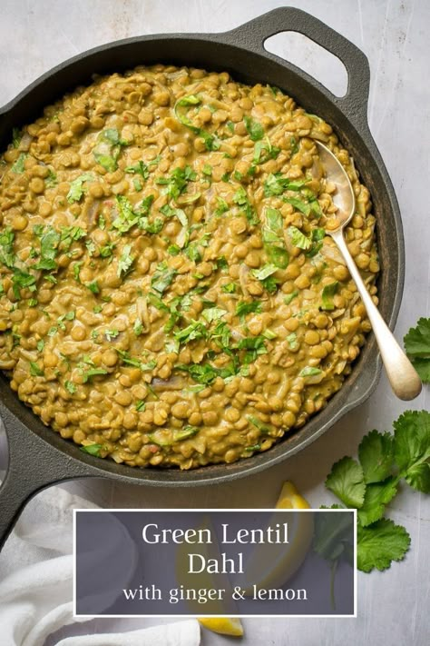 This creamy and delicious green lentil dahl is packed with flavour and nutritious too. It freezes really well, so is ideal for batch cooking. Green Lentil Dahl Recipe, Green Lentil Dahl, Green Lentil Recipes, Lentil Recipes Indian, Vegan Winter Recipes, Dahl Recipe, Everyday Dinners, Green Lentil, Cheap Vegan Meals