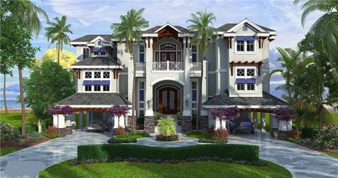 Front elevation of Luxury home (ThePlanCollection: House Plan #175-1109) Beach Style House Plans, Beach House Plan, Three Story House, Living Pool, Mediterranean House Plan, Luxury Plan, Coastal House Plans, Mediterranean House Plans, Coastal House