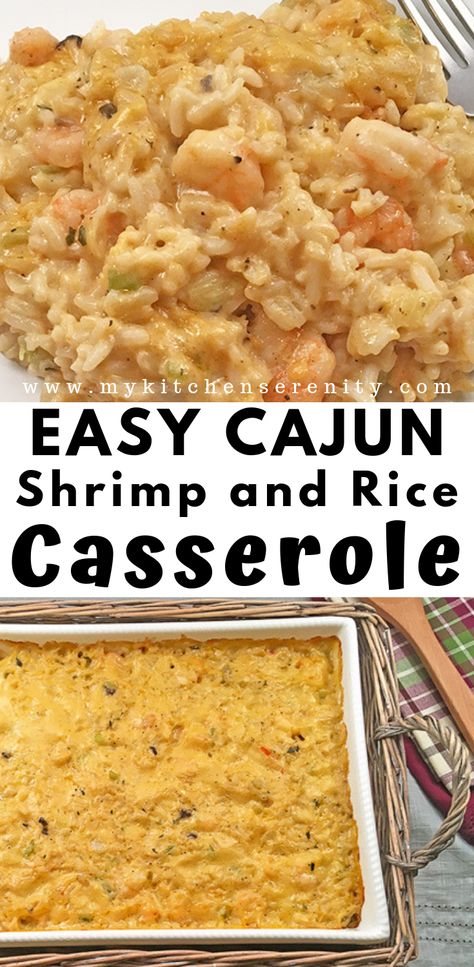 Easy shrimp and rice casserole.  A delicious one-pot, one-pan meal with shrimp, trinity, cream of mushroom soup, cream of cheddar soup, cooked rice, and Cajun seasoning.  #shrimprecipes #cajuncasserole #seafoodcasserole #mykitchenserenity Seafood Rice Casserole, Casseroles With Shrimp, Shrimp And Rice Casserole Recipes, Cajun Casserole Recipes, Easy Meals With Shrimp, Shrimp Casserole Recipes Easy, Shrimp And Rice Recipes Easy, Shrimp Casseroles, Shrimp Rice Casserole