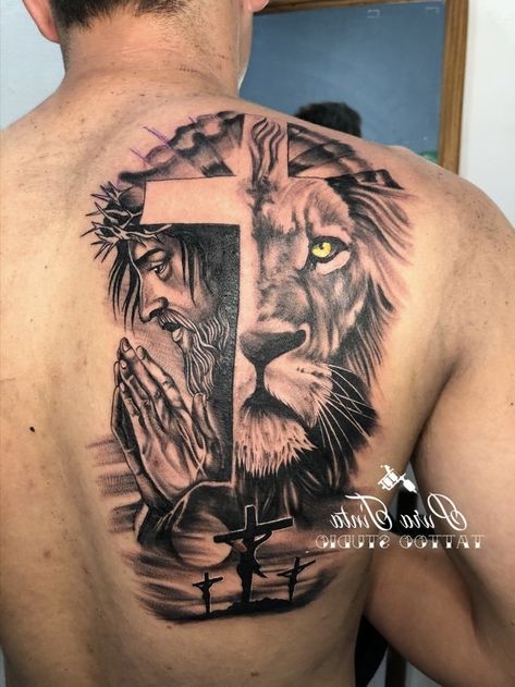 Half Lion Half Jesus Face Tattoo, Lion Chest Tattoo Men, Lion Jesus Tattoo, Lion Chest Tattoo, Lion Back Tattoo, Armor Of God Tattoo, Animal Tattoos For Men, Tiger Tattoo Sleeve, Full Hand Tattoo