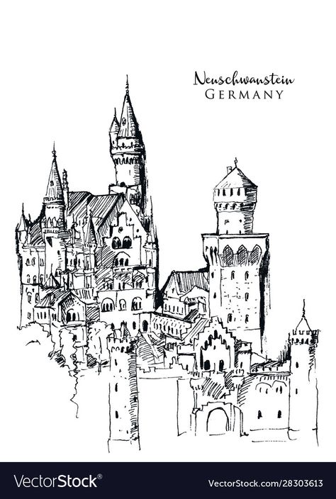 Neuschwanstein Castle Drawing, Germany Drawing, Drawing Castle, Germany Illustration, Castle Construction, Imperial Germany, Fussen Germany, Castle Sketch, Origami Logo