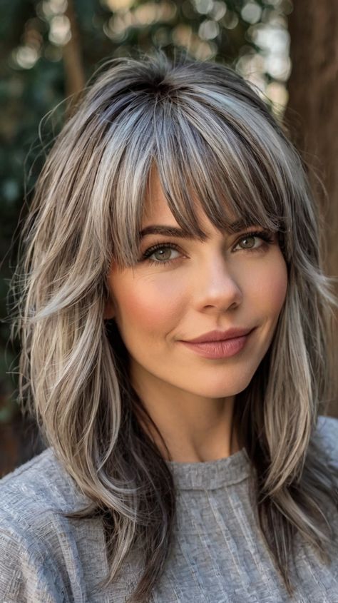 Classic Medium Length Gray Hairstyles with Soft Bangs Gray Hair Styles For Women Over 50, Blonde Grey Blending, Bangs For Older Women With Long Hair, Grey Hair Blending, Gray Hairstyles With Bangs, Brown Hair Going Grey, Gray Hair Blending, Grey Hair With Bangs, Grey Hairstyles