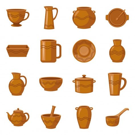 Earthenware and ceramic cartoon elements... | Premium Vector #Freepik #vector #food #nature #cartoon #kitchen Pottery Lessons, Earthenware Ceramics, Greek Vases, Traditional Pottery, Pottery Workshop, Handmade Plates, Garden Pottery, Antique Pottery, Paper Flower Template