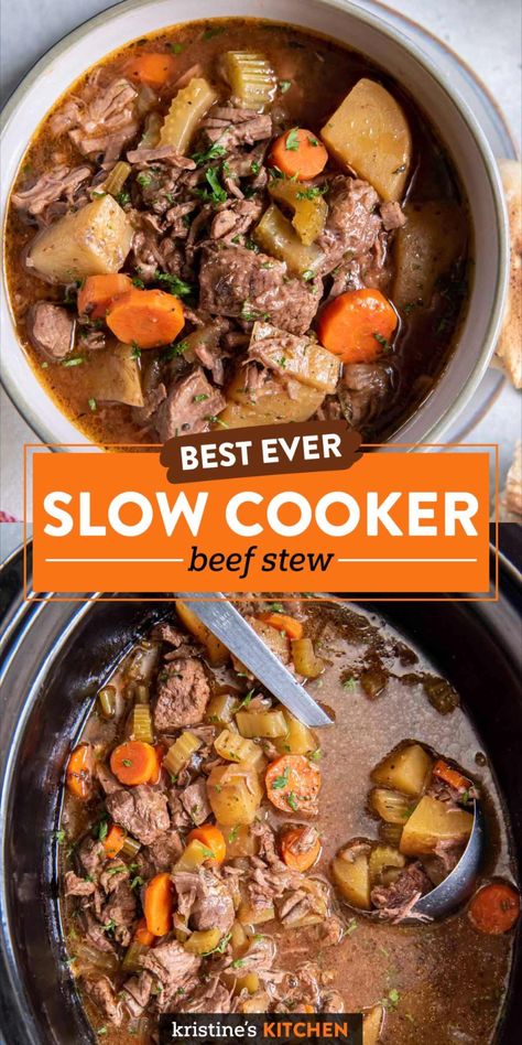 The best slow cooker beef stew, with fall-apart tender beef and vegetables in a rich broth. This easy, healthy crock pot recipe is loaded with flavor and perfect for a family dinner any night of the week! Check out our flavorful slow cooker beef dish. It's sure to impress all. Crock Pot Recipes Beef Stew, Make Ahead Beef Stew, Crockpot Healthy Fall Recipes, Beef Soup Bone Recipes Crock Pots, Vegetable Beef Stew Crockpot, Best Slow Cooker Soups, Healthy Crock Pot Beef Stew, Stewing Beef Recipes Slow Cooker, Crockpot Soup Recipes Beef