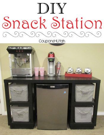 DIY Snack Station - Inexpensive desk transformed into a fun snack station for your family room, game room or theater room. Coupons4Utah Diy Snack Station, Inexpensive Desk, Concrete Basement, Movie Theater Rooms, Snack Station, Hangout Room, Diy Snacks, At Home Movie Theater, Youth Room