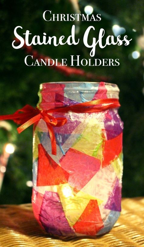 Decoupage Candle Holder, Tissue Paper Candles, Decoupage Candles, Tissue Paper Craft, Crafts With Glass Jars, Stained Glass Candle Holders, Stained Glass Candles, Recycled Crafts Kids, Tissue Paper Crafts