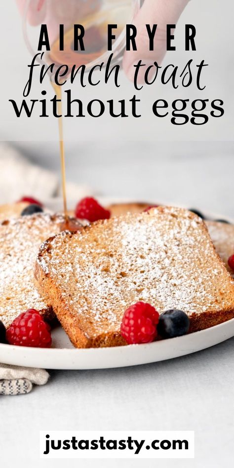 This perfect air fryer French toast without eggs is the BEST weekend breakfast! It's quick, easy, and beyond delicious. French Toast No Egg, French Toast Air Fryer, Toast Air Fryer, French Toast Without Eggs, Egg Free Dessert Recipes, Air Fryer French Toast, No Yeast Cinnamon Rolls, Gluten Free Christmas Recipes, Weekend Brunch Recipes